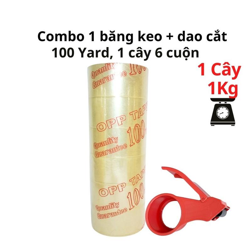  SKU332 - Combo 1 cây băng keo trong đục 100yard kèm dao cắt 1 cây 1kg lõi giấy 5mm rộng 4,7cm mỗi cây 6 cuộn 