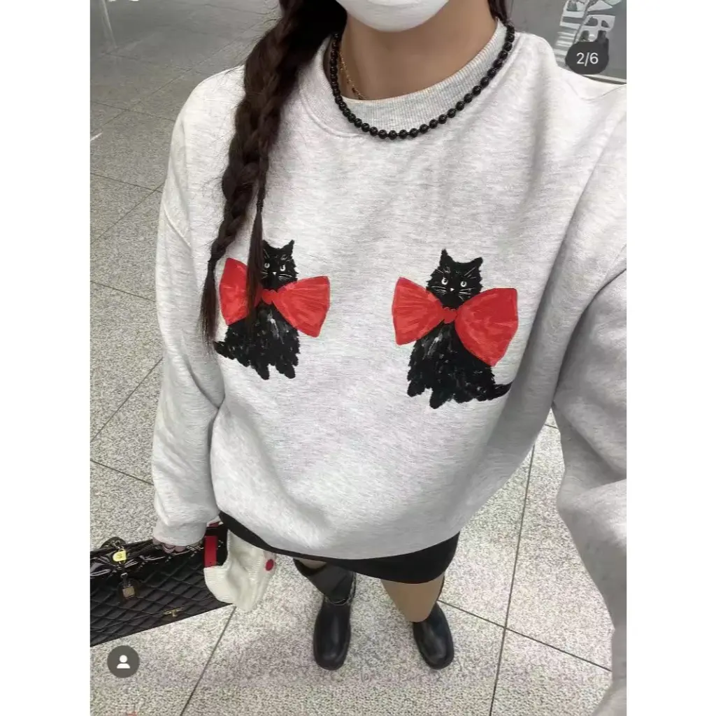Áo sweater xám 2 chú mèo đeo nơ đỏ peonyb - Nỉ form rộng tay bồng kiểu dáng bánh bèo tiểu thư hotgirl hàn quốc đẹp Women Top Hoodie Nhung Cổ Tròn