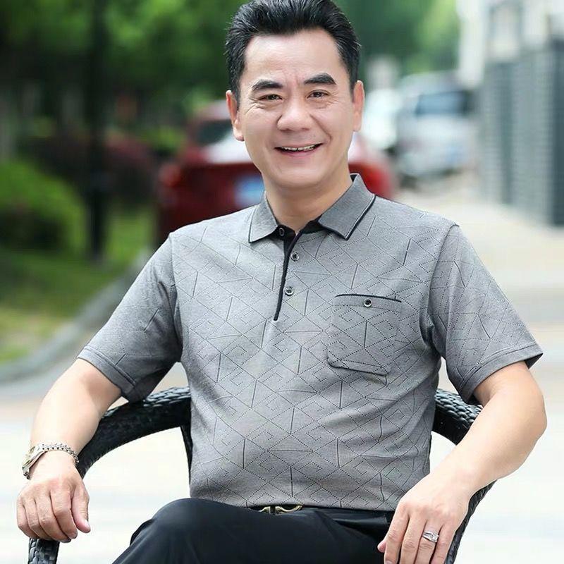  Áo Polo Nam Trung Niên Cộc Tay Len Lạnh Mông tơ ghi Hàng Quảng Châu Cao Cấp Menswear Top Shirt Có Cổ 