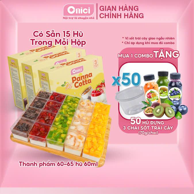 Combo 3 set nguyên liệu Panna Cotta Bếp Của Mẹ ONICI thành phẩm 60-65 hũ 60ml [set Panna Cotta tự nấu kèm 5 vị sốt dâu, đào, socola, kiwi, chanh dây] - kèm công thức nấu - có vị sốt Chua sốt Ngọt