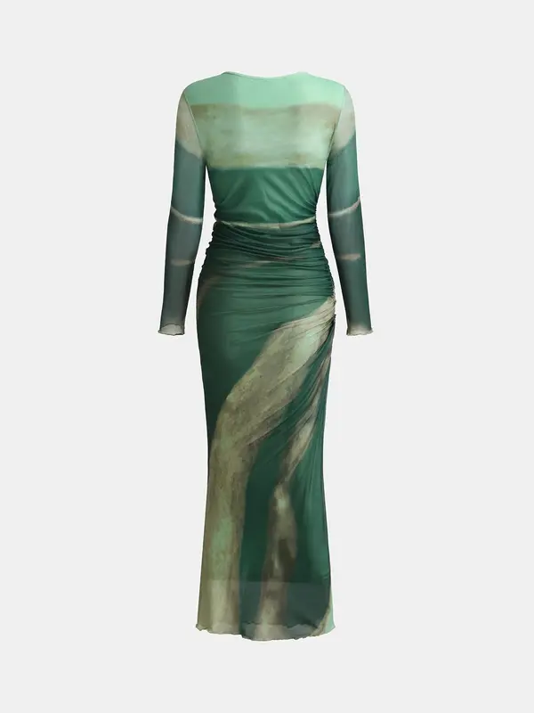YOZY Women's All Over Print Ruched Lettuce Trim Bodycon Dress, Elegant Long Sleeve Round Neck Long Dress for Party Holiday Wedding Guest, Ladies Clothes for All Seasons 1