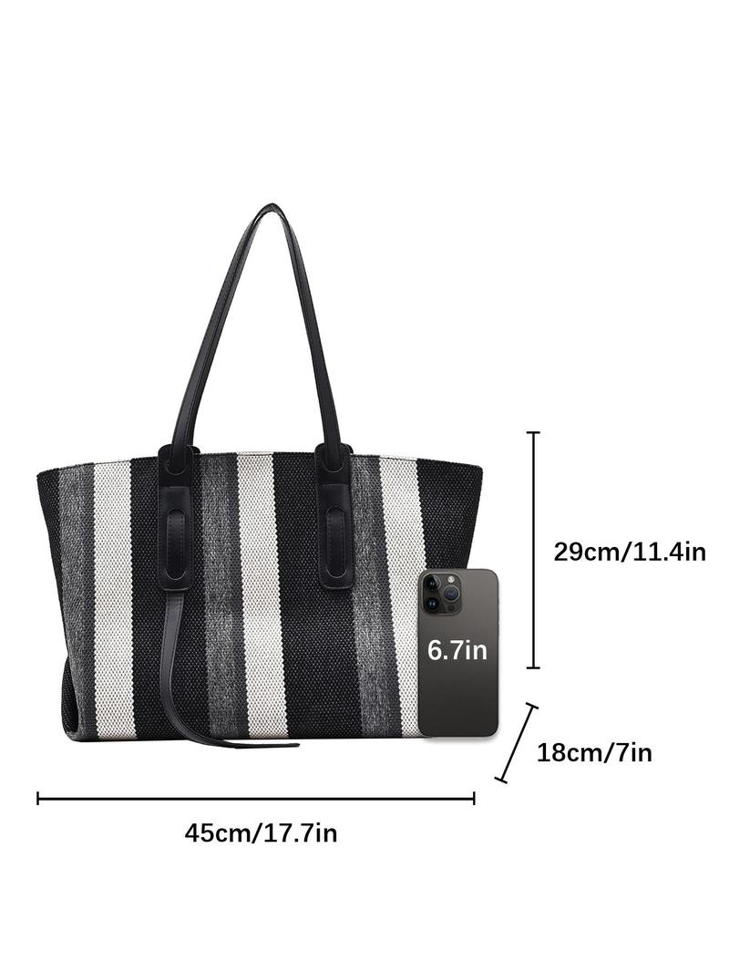 Product Introduction of Women's Fashionable Striped Pattern Tote Bag, Casual Large Capacity Shoulder Bag for Work & School, Durable Multi-functional Daily Commuting Bag 1