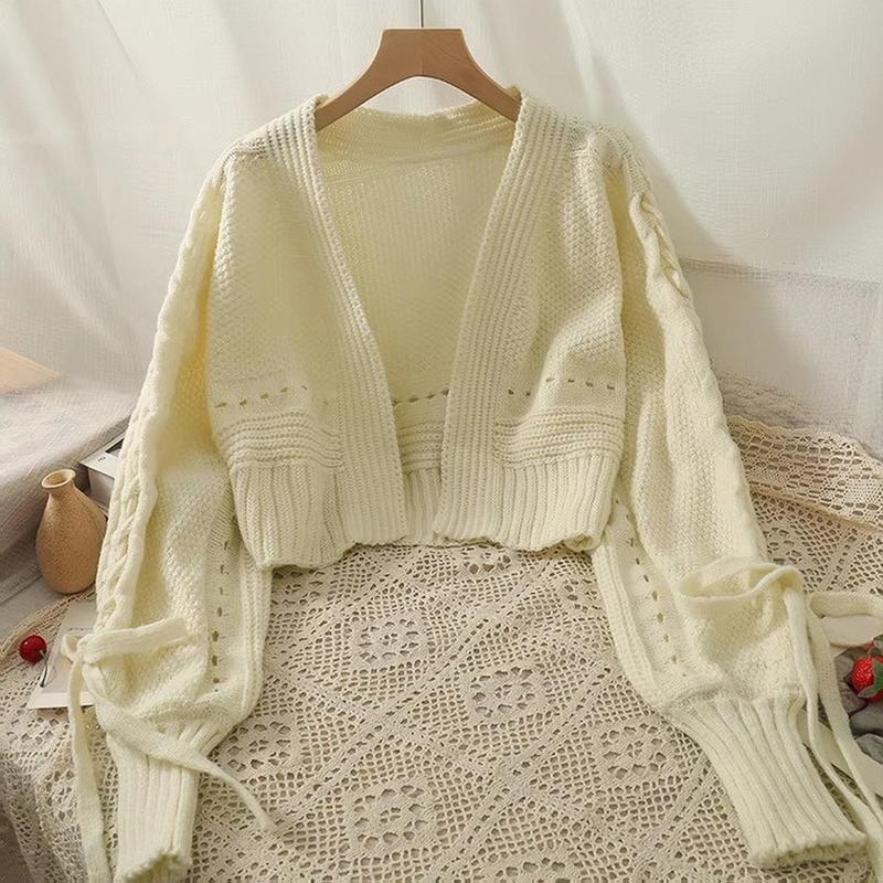 Áo len kiểu nữ chất dệt kim khoác cardigan dài tay màu kem xinh buộc nơ thu đông Hàn Quốc Kozoda Women AL144 Top