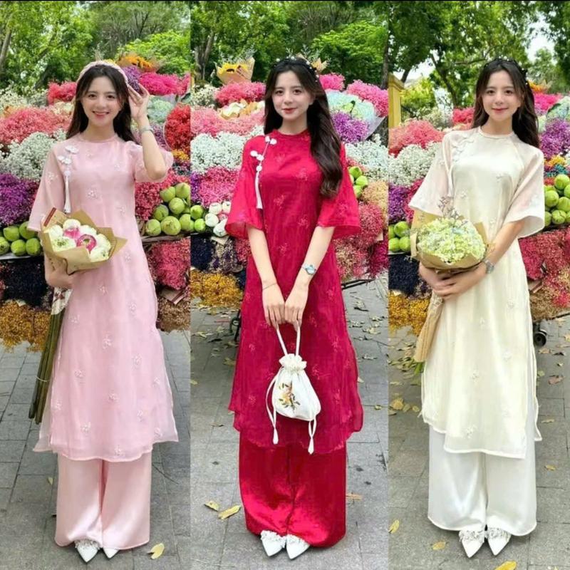 Áo Dài Bigsize Cách Tân Nữ Thêu Kết Thủ Công Tay Ngắn Loe LT013