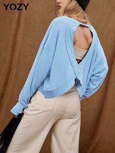 YOZY Women's Plain Backless Tee, Casual Long Sleeve T-shirt for Spring & Fall, Women's Top for Daily Wear