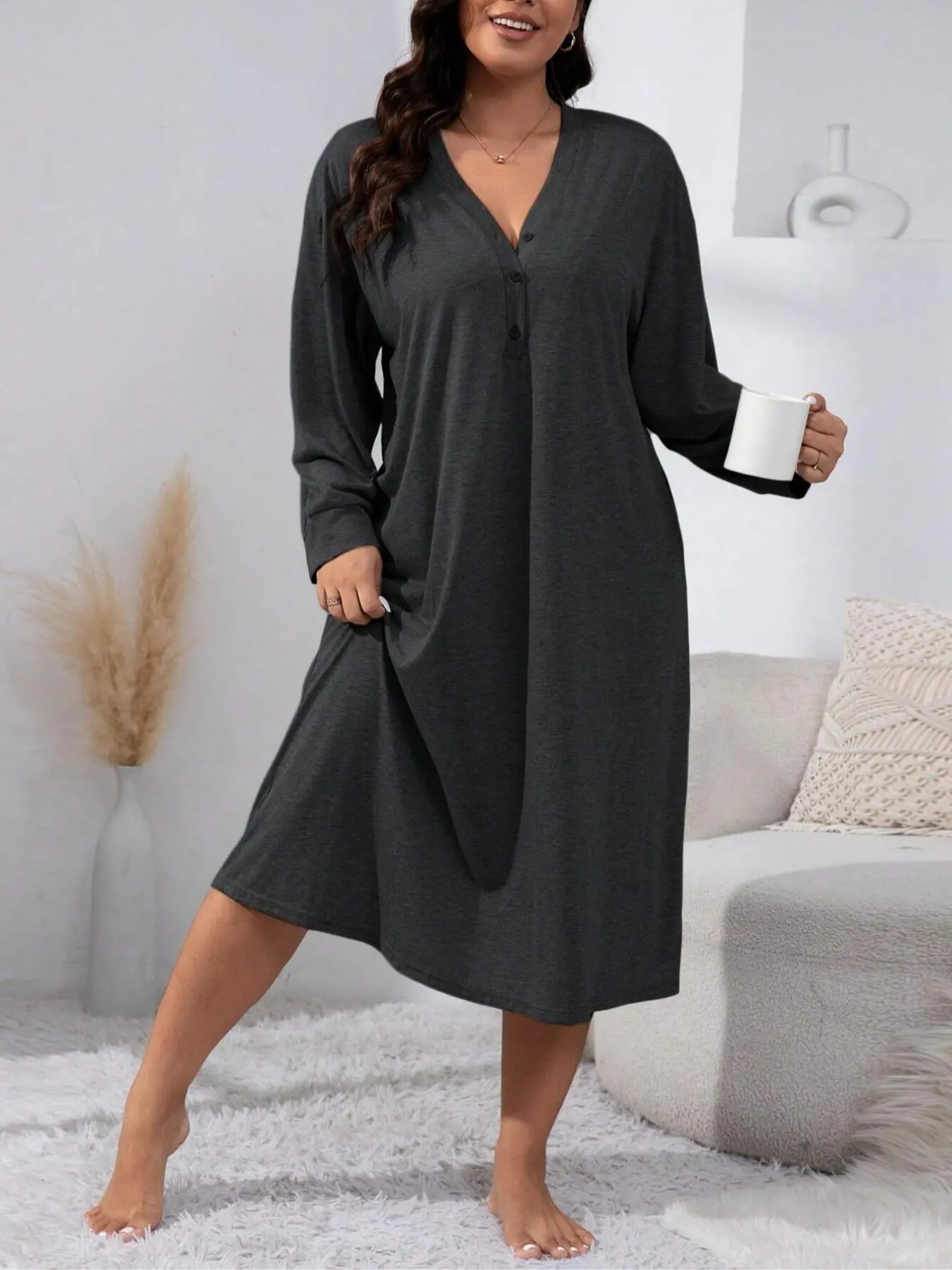 【Plus Size】 Solid Button Front Drop Shoulder Nightdress, Casual Long Sleeve V Neck Nightgown for Women, Women's Sleepwear for Spring & Fall