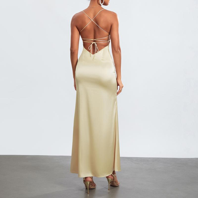 Product Introduction of Women's Summer Long Slip Dress Solid Color Sleeveless Spaghetti Strap Low Cut Backless Slim Dress 34