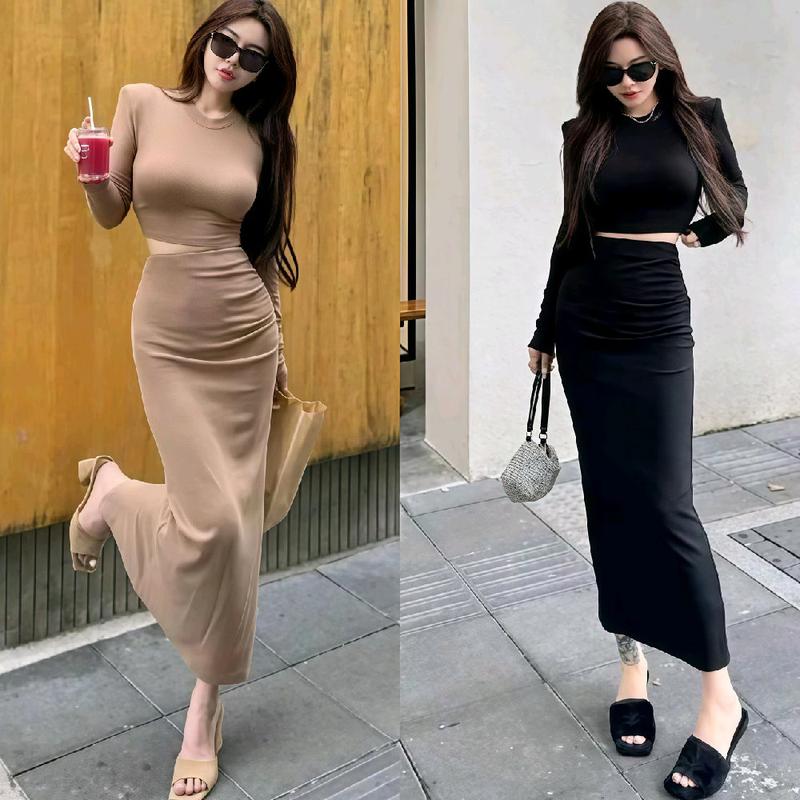 Set chân váy dáng dài mix áo croptop tay dài cổ tròn chất borip thanh lịch Nữ Women