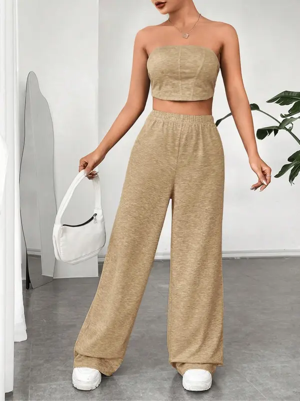 Women's Solid Crop Tube Top &  High Waist Elastic Waist Wide Leg Pants Set without Necklace, Summer Clothes Women, Mean Girls Basic Comfort Cropped Top & Trousers 3