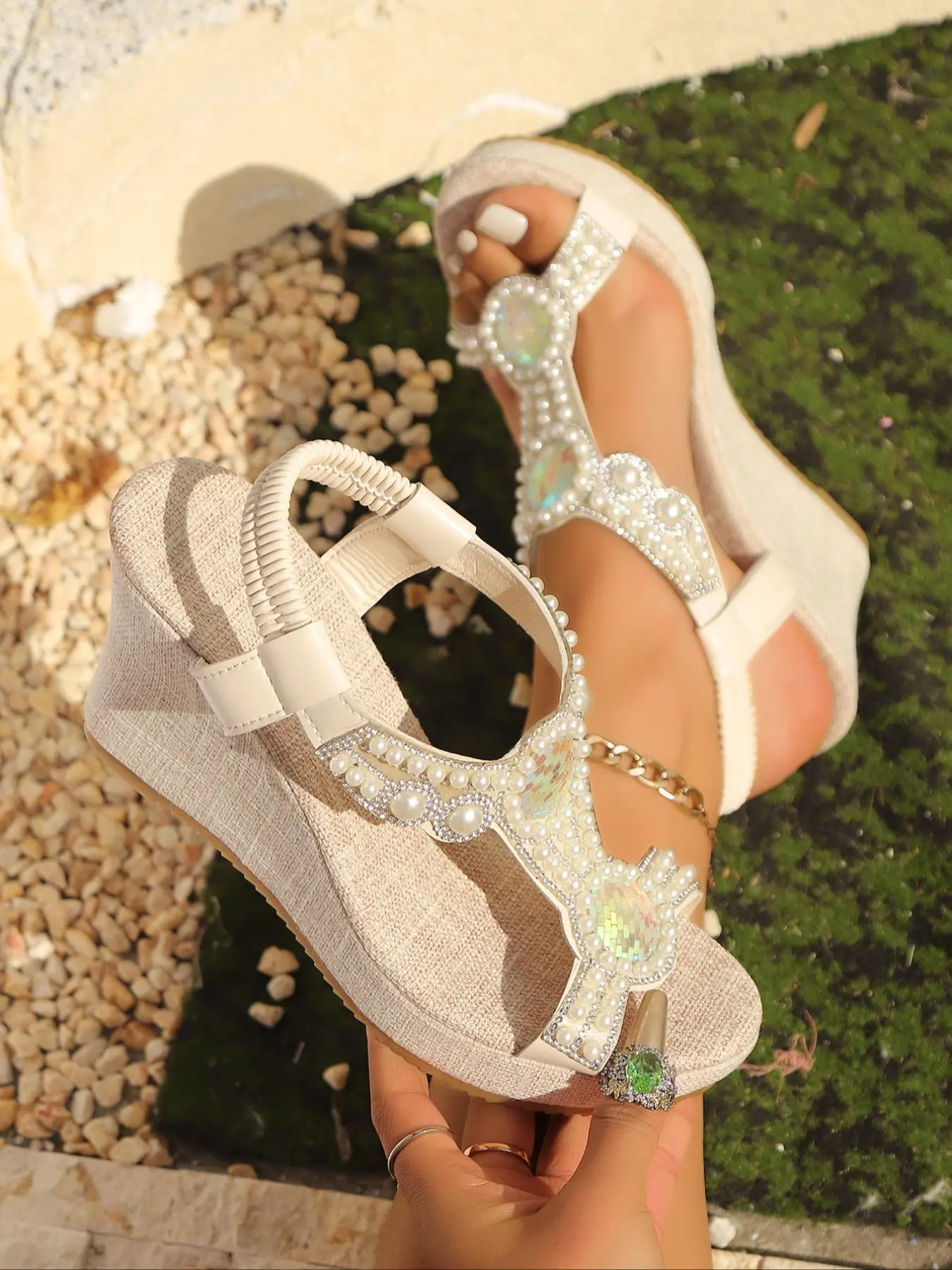 Women's Fashionable Rhinestone Decorated Wedge Sandals, Elegant Platform Sandals for Summer, Lightweight Breathable Comfortable Shoes for Daily Wear, Strap Heels, Girl