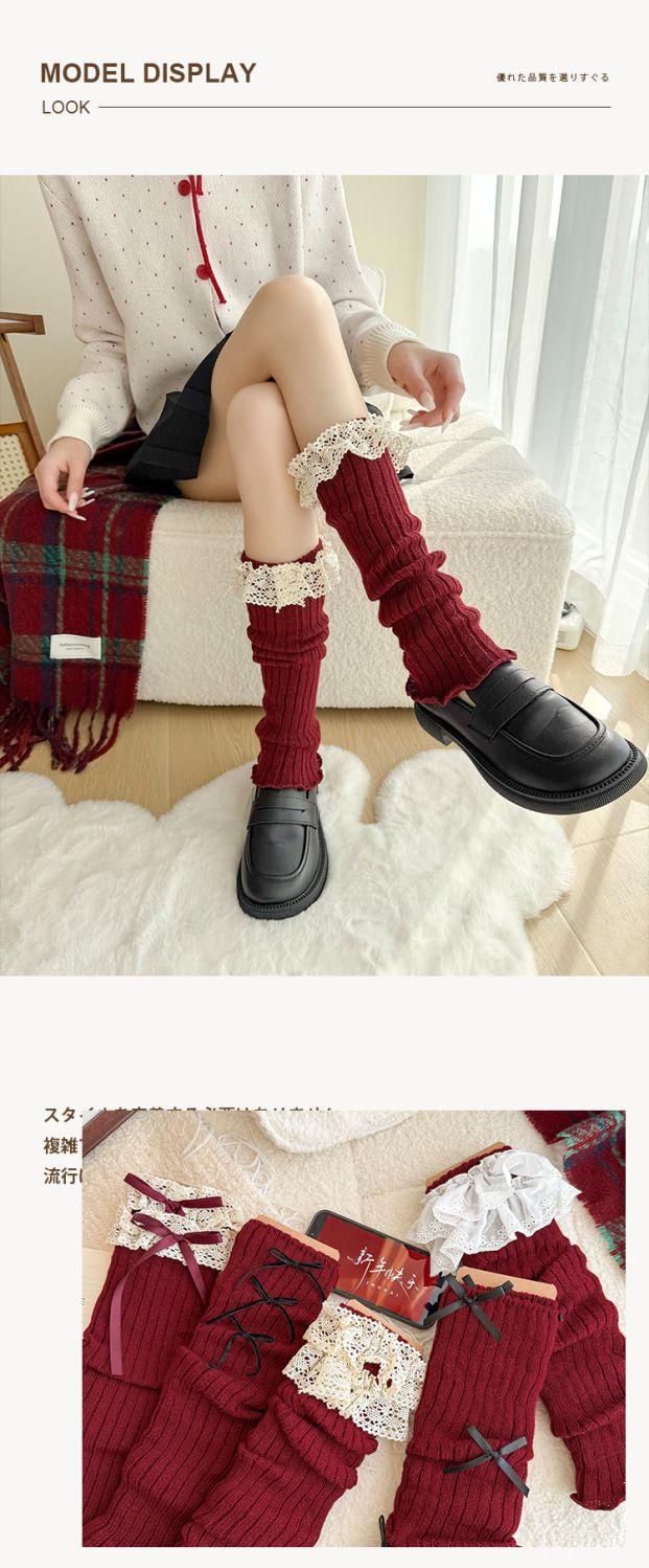 Product Introduction of Foot Sock Women's Autumn and Winter Red Leg Warmer Lolita Korean Lace New Year's Week Red Ballet Style JK Calf Socks 8