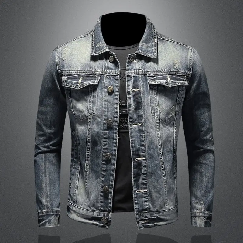 Áo Khoác Denim Đi Xe Máy, Cổ Bẻ Áo Ga Châu Âu, Phong Cách Cổ Điển Mỏng, Thời Trang, Áo Thường Ngày Mỹ, Áo Khoác Nam Sành Điệu, Thời Trang Menswear Có Túi Menswear Có Túi Jacket Có Cổ