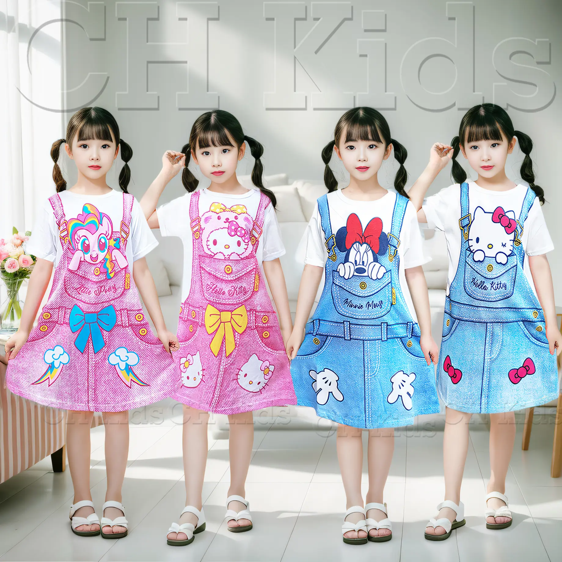 dress anak perempuan katun motif jumpsuit full printing 1-8 thn Denim Combed