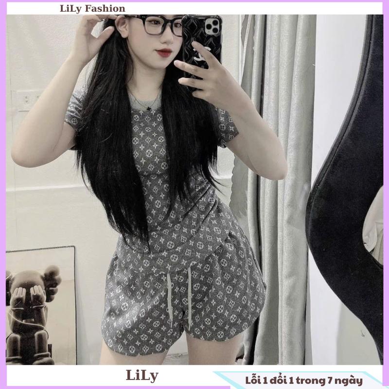 Set bộ quần áo thun nữ hoạ tiết hoa mà ghi xám có nhúm eo tôn dáng EV XÁM 1