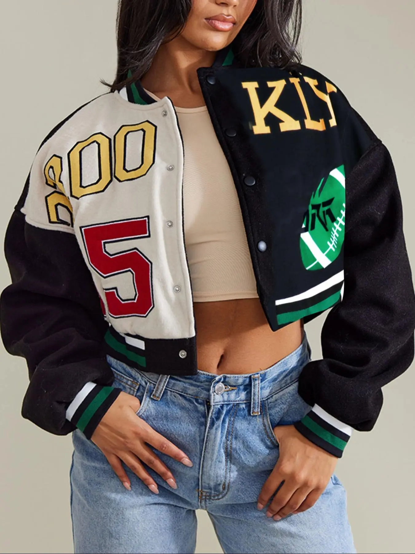 Women's Colorblock Letter Jacket, Casual Patchwork Long Sleeve Button Front Outerwear for Fall & Winter, Ladies Clothes for Daily Wear