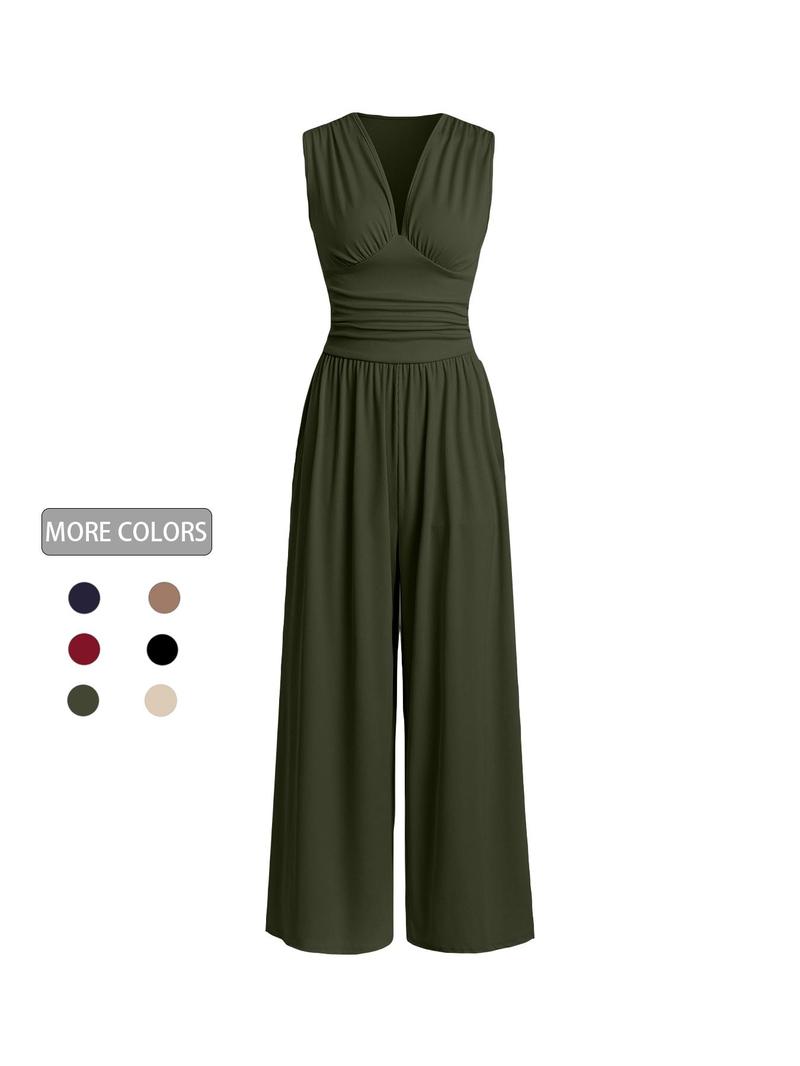 Product Introduction of Women's Plain Ruched Deep V Neck Ribbed Jumpsuit, Elegant Sleeveless Wide Leg Jumpsuit for Summer, Back to School Outfits, Ladies Clothes for Beach Holiday Vacation 5