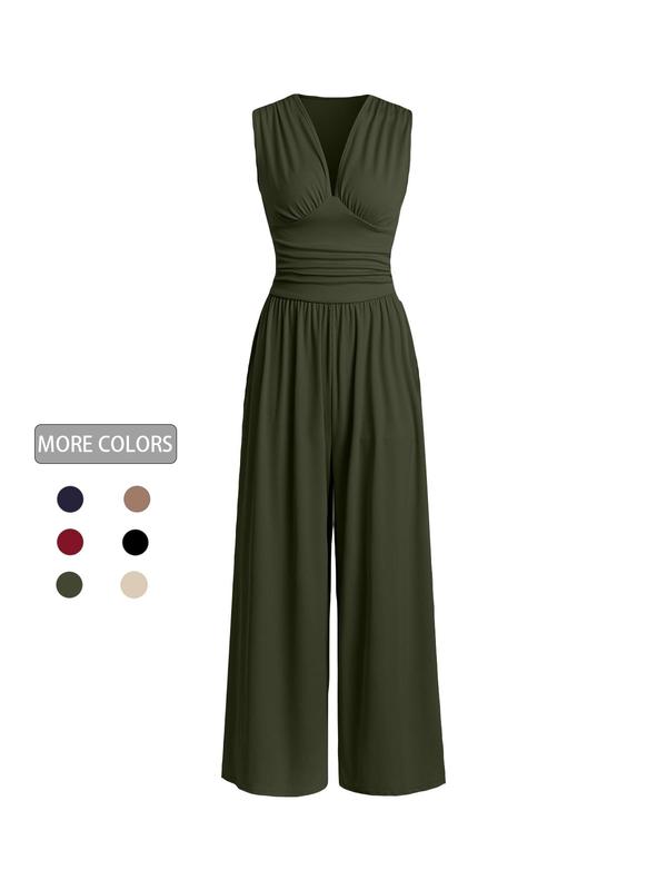 Women's Plain Ruched Deep V Neck Ribbed Jumpsuit, Elegant Sleeveless Wide Leg Jumpsuit for Summer, Back To School Outfits, Ladies Clothes for Beach Holiday Vacation,  Curve Fashion Womenswear Overalls 3