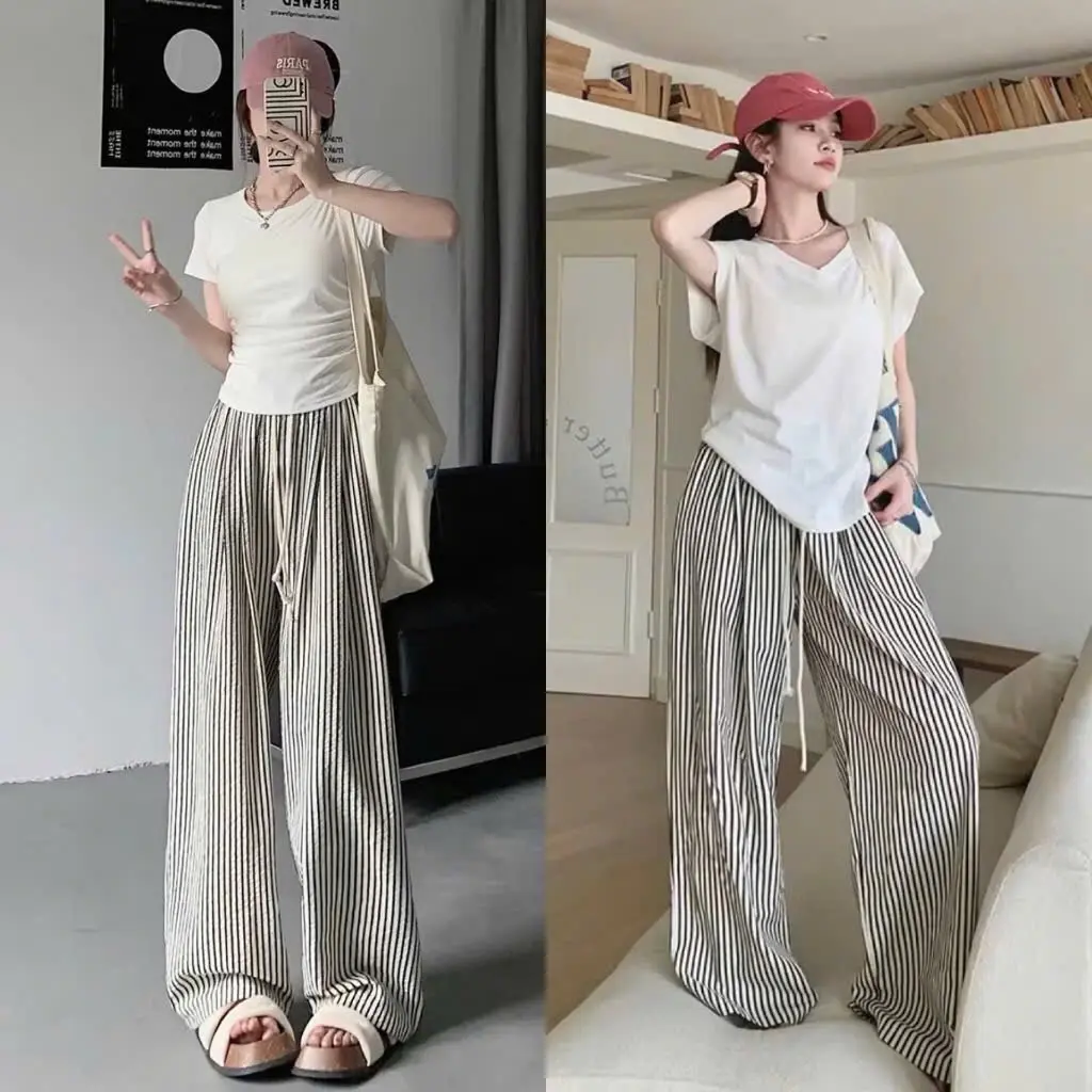 Quần suông kẻ sọc đen cạp chun chất linen dài 103cm đơn giản trẻ trung cho nữ - hàng fullsize