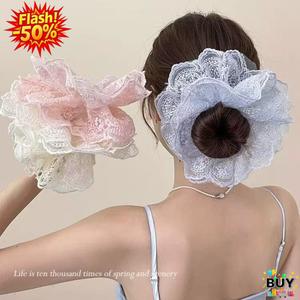 ที่คาดผมลูกไม้สองชั้น Scrunchie ขนาดใหญ่ระดับไฮเอนด์ ซาลาเปาผมหรูหรา ยางยืด ราคาไม่แพง หรูหรา แฟชั่น มีสีขาว สีชมพู และสีน้ำเงิน