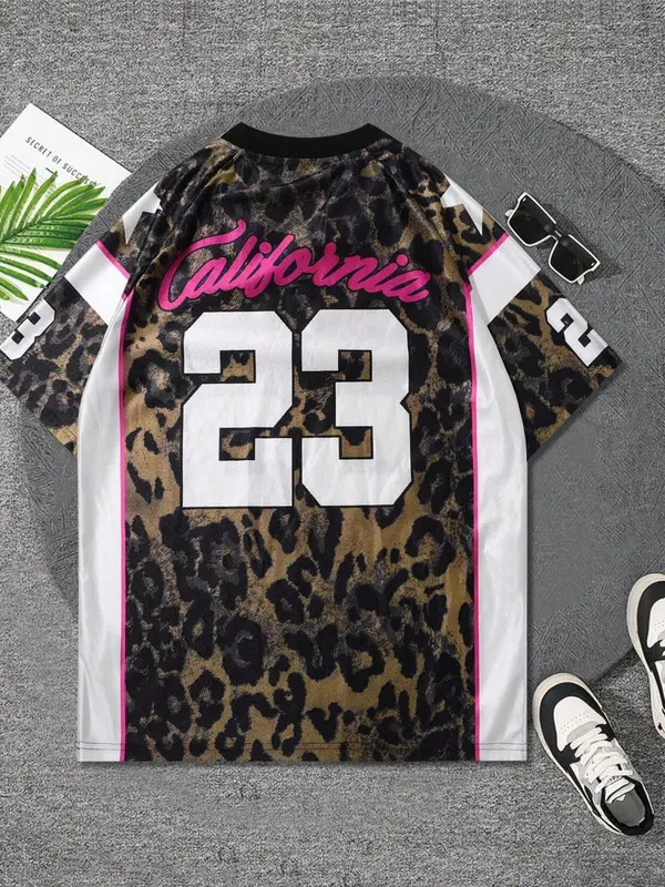 Men's Letter & Leopard Print V Neck Short Sleeve Graphic Tee, Regular Fit Casual Fashion T-shirt for Daily Wear, Men's Top for All Seasons, Tropical 1