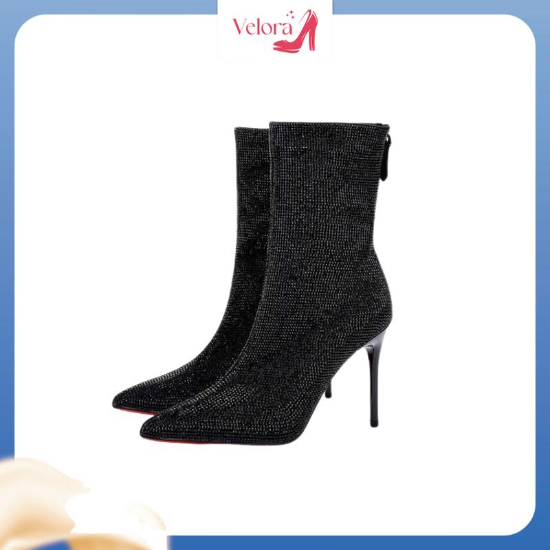 Boot Nữ Kim Tuyến Mũi Nhọn Đế Nhọn Cao 9cm Nhung Cổ Cao Bốt Xỏ Ngón Giày - Shoes giay bot