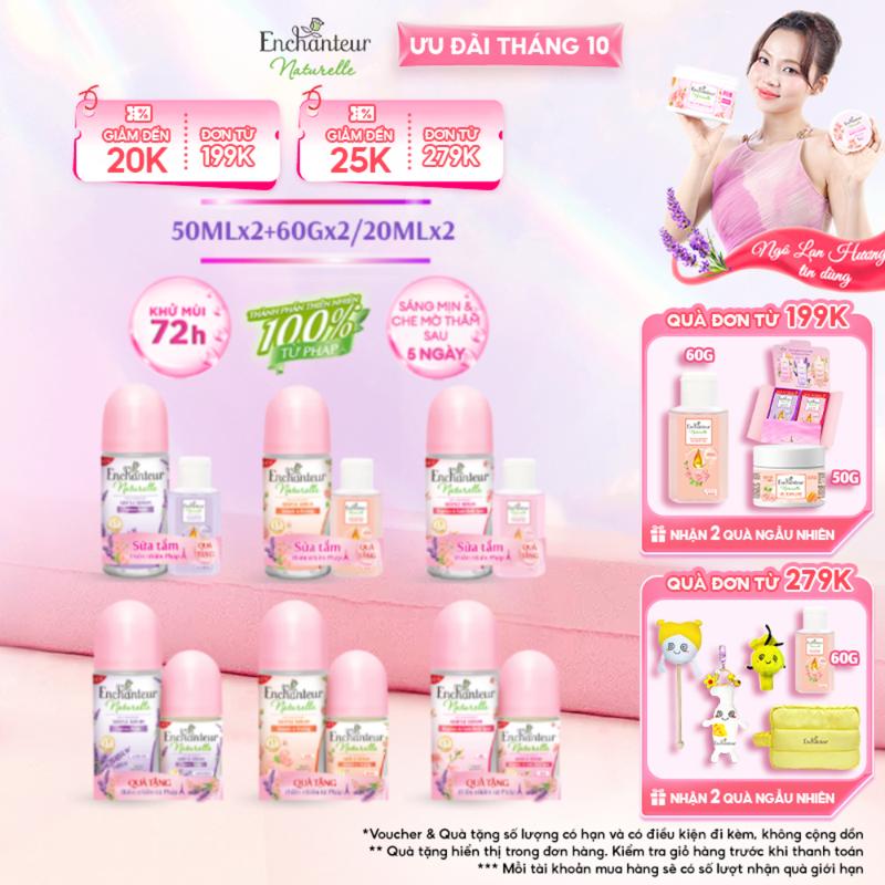[ĐƠN 199K TẶNG 2 QUÀ][TẶNG 2 SỮA TẮM 60G/LĂN 20ML]Combo 2 Lăn khử mùi Enchanteur Naturelle Iris/Lavender/Rose 50ml + Sữa tắm Naturelle 60g