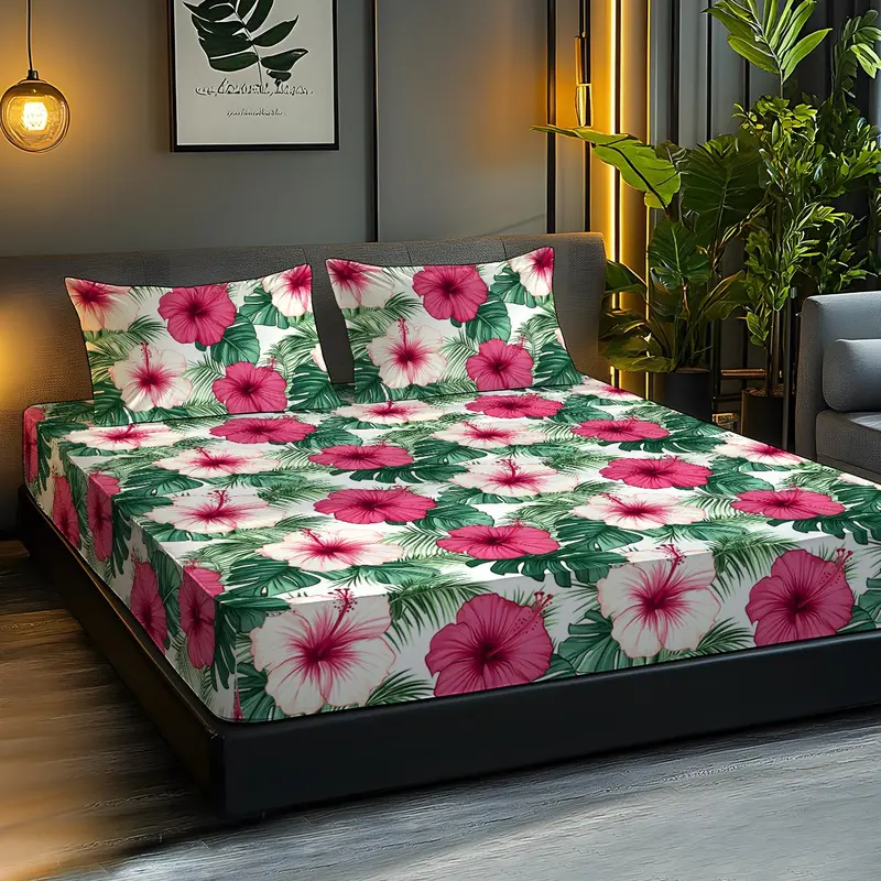 Floral Print Bed Set, 2/3 Counts/set Including 1 Fitted Sheet & 1/2 Pillowcases without Filler, Soft Comfortable Breathable Bedding Supplies for Home 6