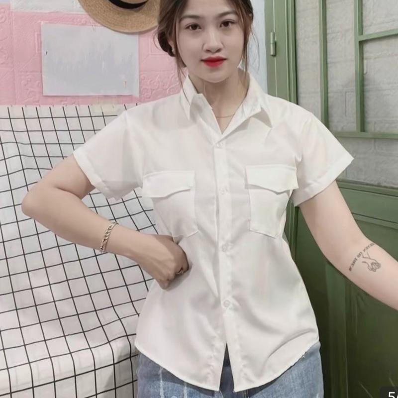 Áo sơ mi nữ cổ bẻ có túi tay ngắn màu sắc trắng đen CHẤT KATE MỀM Women Voi Shirt Jean Top Cotton
