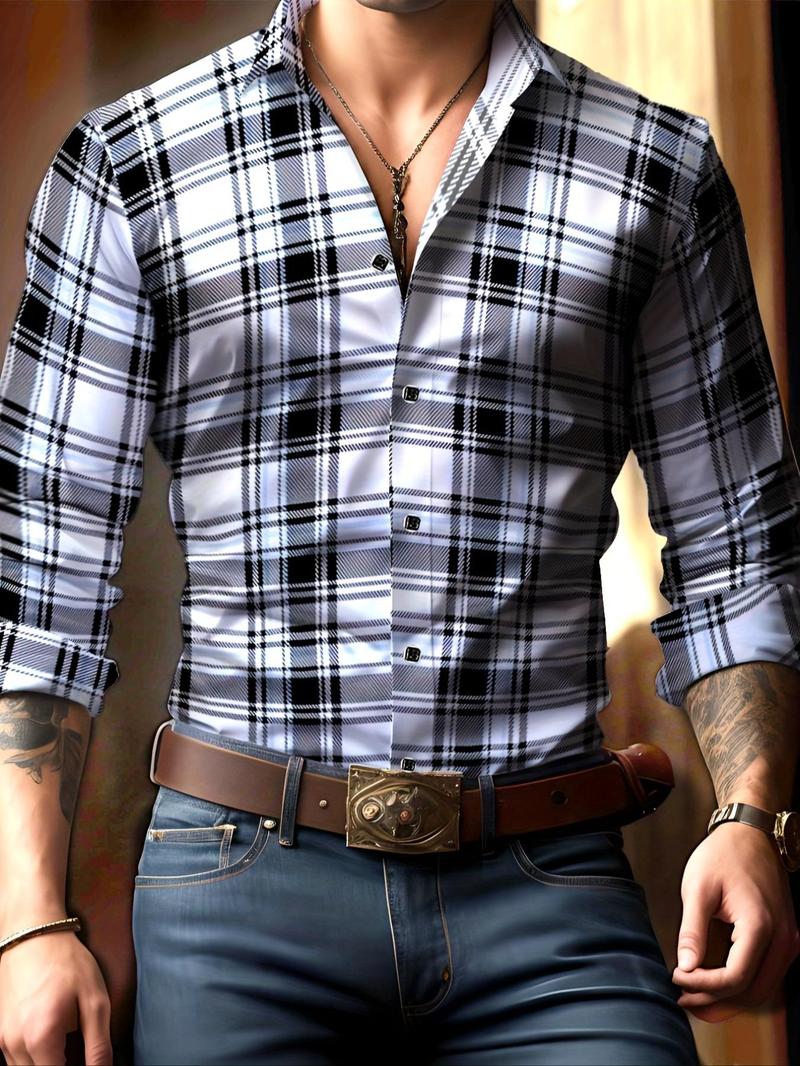 Product Introduction of Men's Plaid Print Button Front Shirt, Regular Fit Casual Long Sleeve Collared Top for All Seasons, Men's Clothes for Daily Wear 1