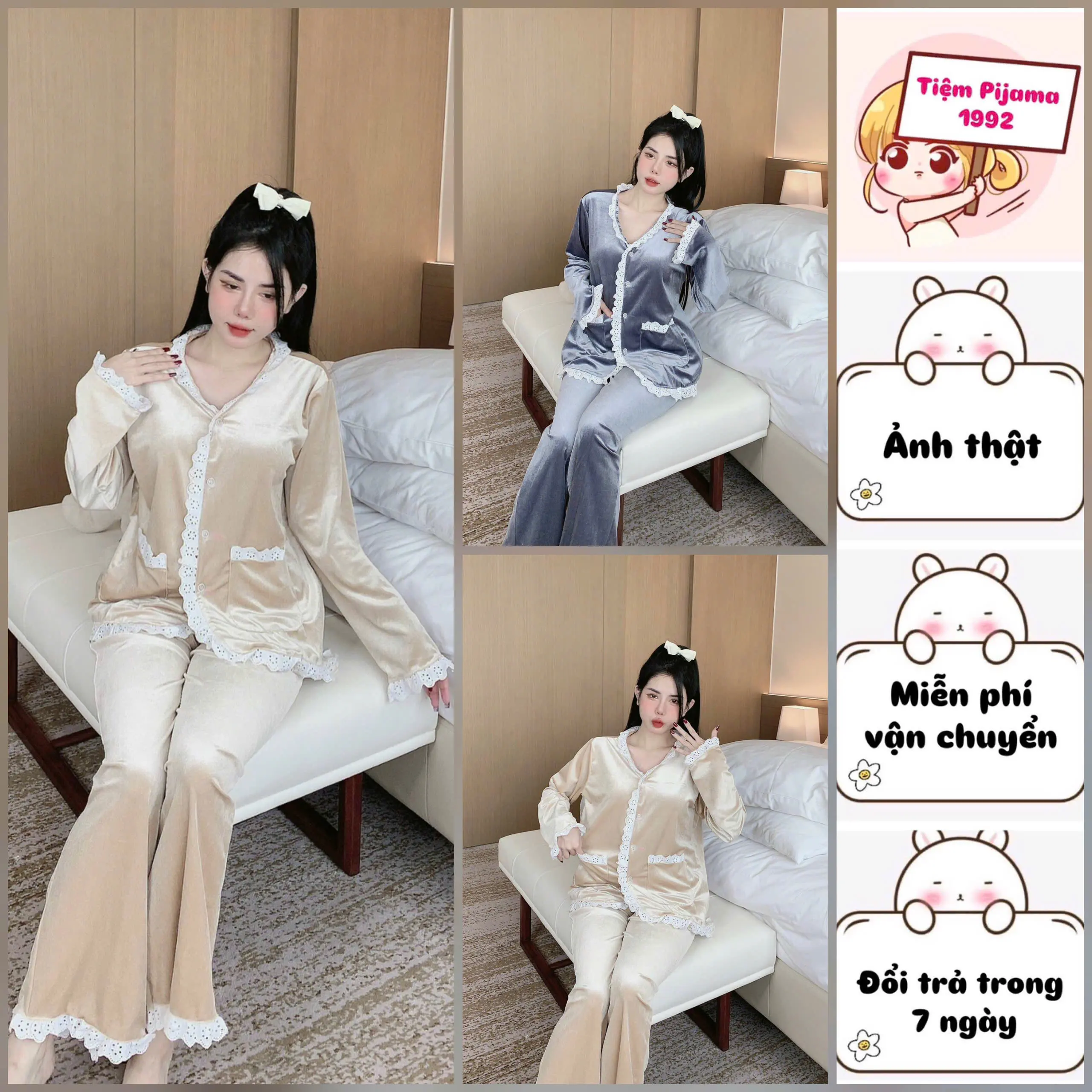Đồ Bộ Nhung , Đồ Mặc Nhà Ren 2 Túi , Pijama Nhung QC Voi Nữ Women Ong Quần Xám