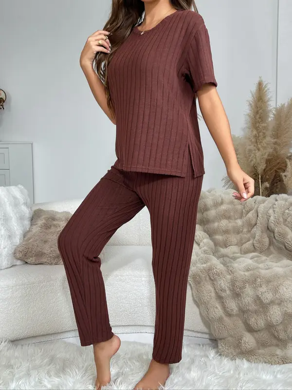 Women's Solid Ribbed Drop Shoulder Tee & Pants Pyjama Two-piece Set, Casual Comfy Split Hem Short Sleeve Top & Trousers Pj Set, Ladies Sleepwear for All Seasons 3