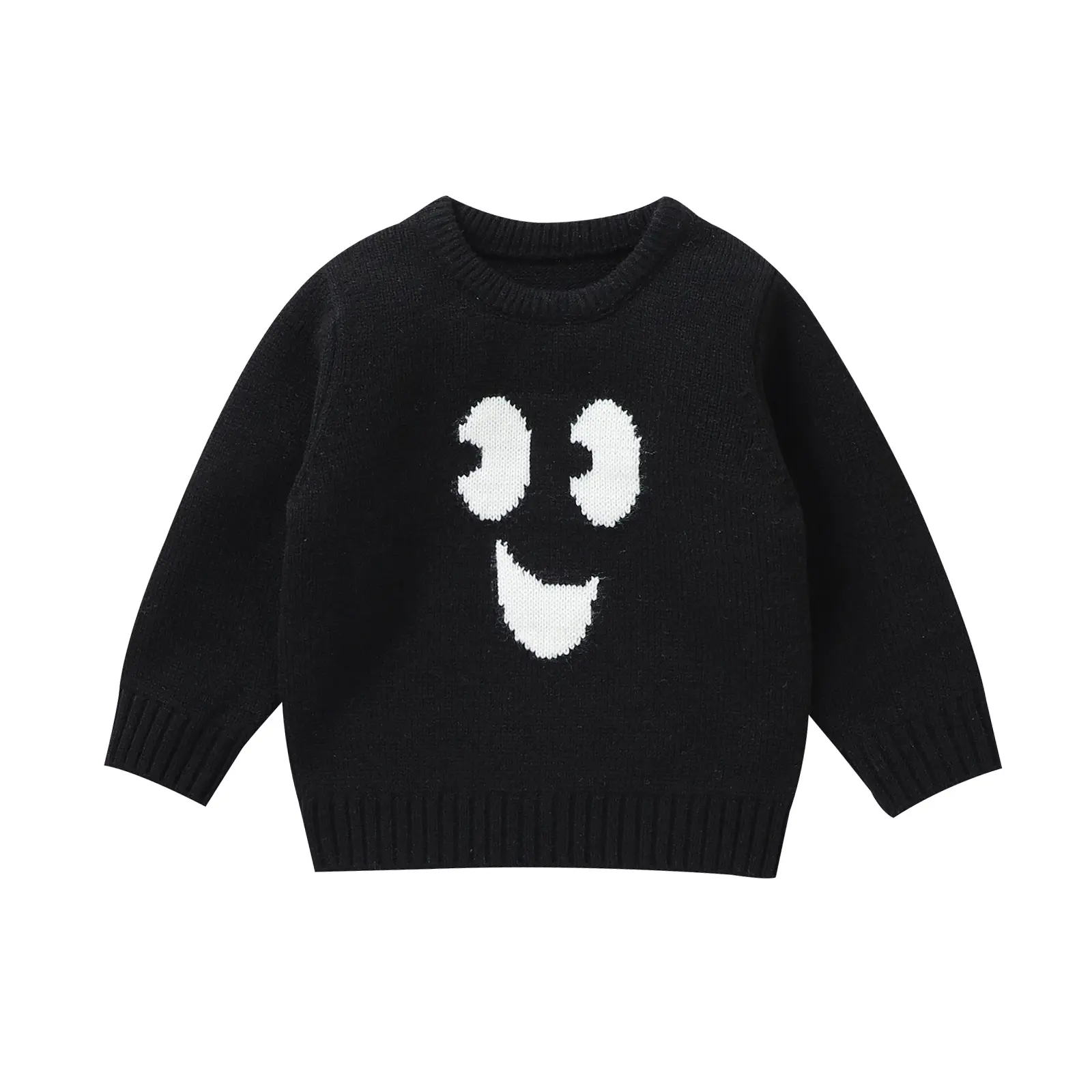 Girls Autumn Winter Knit Sweater Long Sleeve Smile Face Embroidery Pullover Knitwear