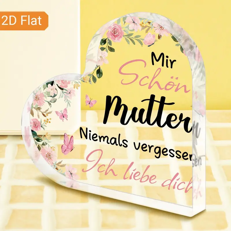 Heart Shaped Acrylic Decorative Plaque, Flower Pattern Desktop Ornament, Birthday Gift for Mom, Home Decor, Desktop Decoration for Living Room Bedroom, Signs 2
