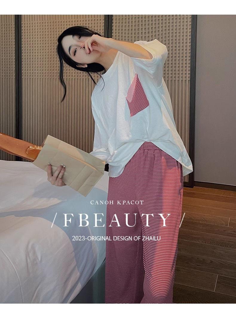 Product Introduction of Bộ Đồ Ngủ Cotton Mùa Xuân Lãng Mạn, Quần Áo Nữ, Phong Cách Mới Mùa Hè, Có Thể Mặc Ngoài Trời, Đồ Mặc Ở Nhà Phong Cách Sọc, Bộ Áo ngắn Tay Và Quần Dài, 1012 Người Thu Thập 19