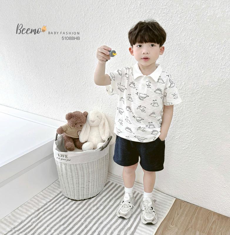 Bộ Polo cộc tay in họa tiết hình khủng long vải cotton xược phối quần giả bò cho bé trai đi học đi chơi gồm áo và quần size 9-23kg, Cotton
