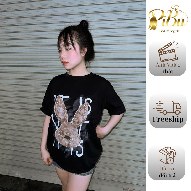 Áo phông Nữ Cổ Tròn giấu quần hàng QC thỏ thêu hoạ tiết tai đính đá 0