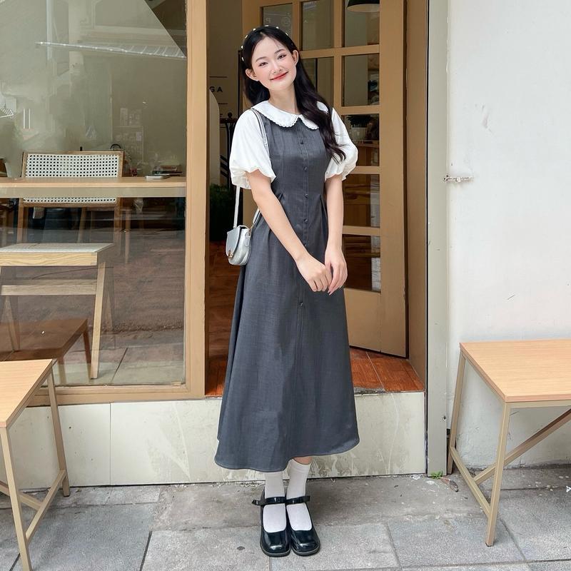 Đầm dáng dài chiết ly eo phối tay bồng cổ ren (ĐẦM QUỲNH)