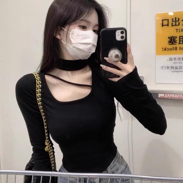  Áo kiểu thun ngắn croptop tay dài cổ lọ phối dây đính siêu cute Nữ   CHẤT THUN GÂN  