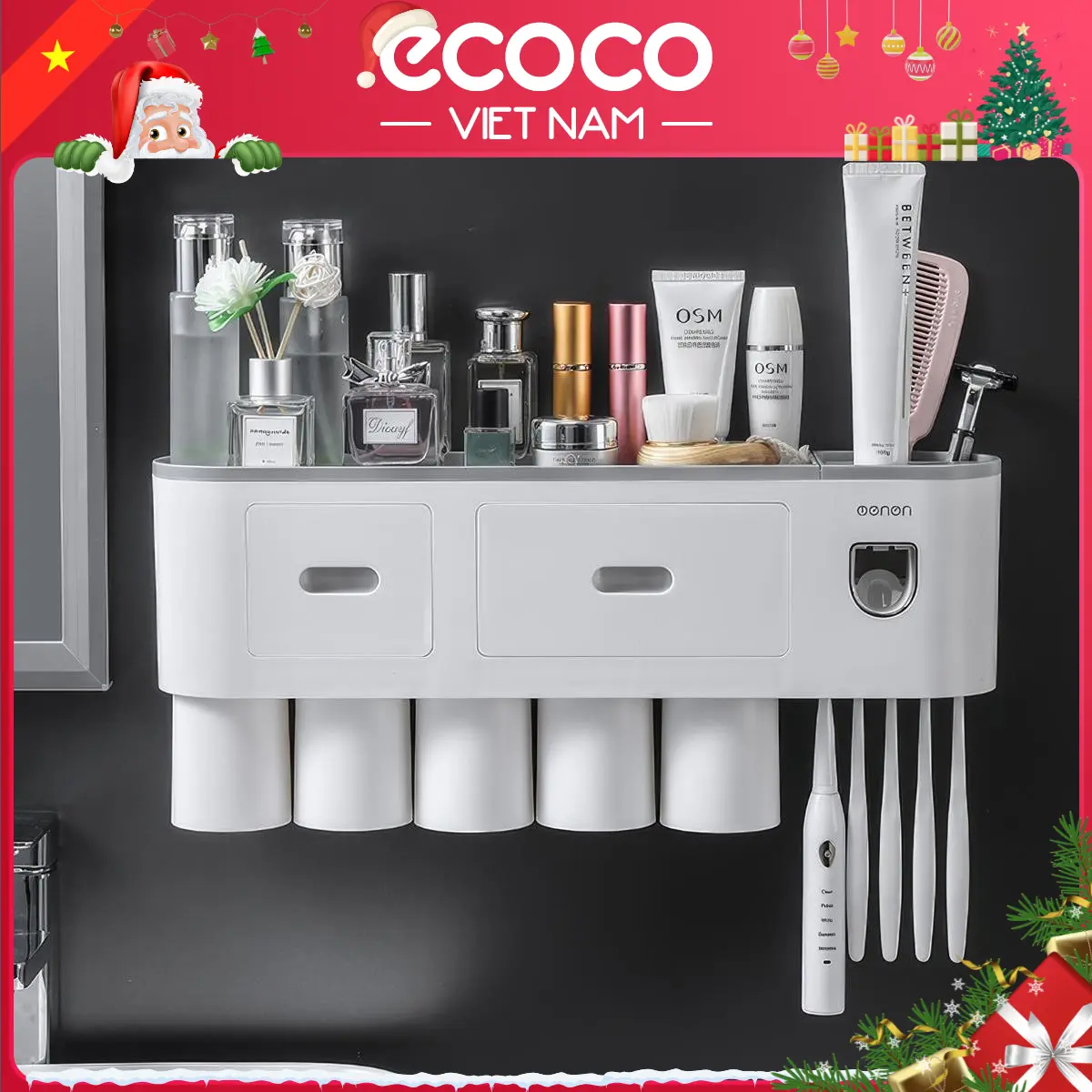 Bộ Nhả Kem Đánh Răng Tự Động Oenon - Kệ Để Bàn Chải Đánh Răng Cao Cấp (Tặng Miếng Dán)