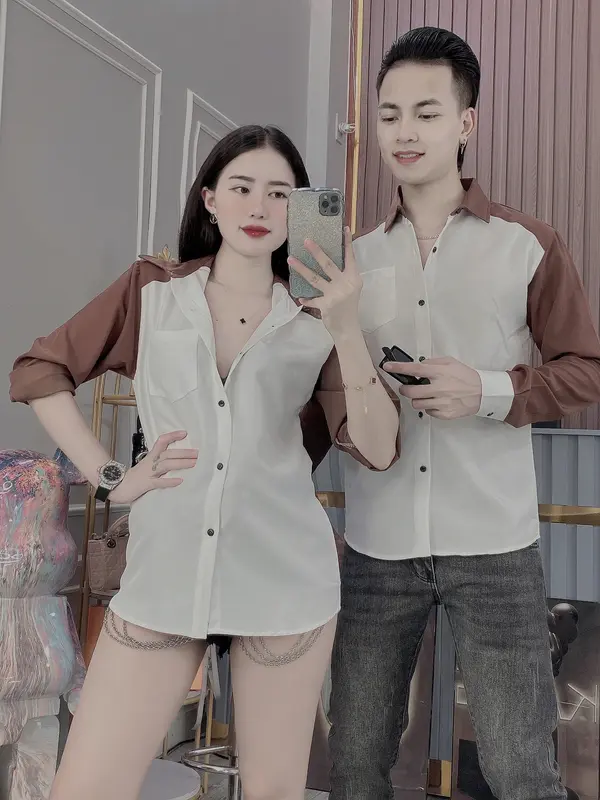 Áo sơ mi nam nữ dày tai,Áo cặp nam nữ dài tay phối màu form đẹp chất vải mango dày dặn mẫu mới nhất Hót Trend Menswear Shirt Có Cổ 2