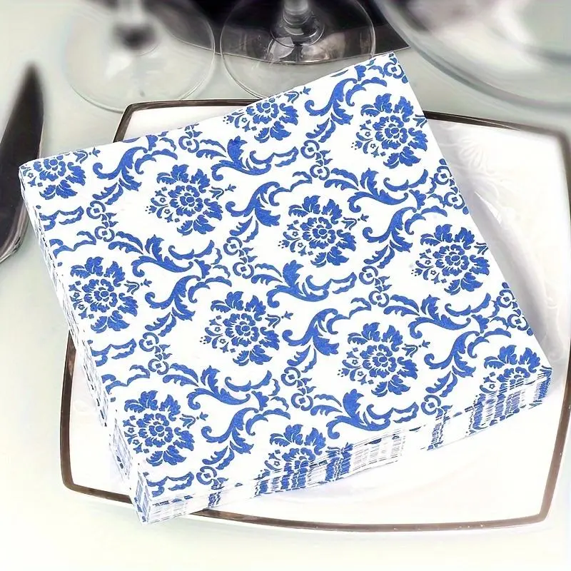 Chinese Style Blue and White Porcelain Pattern Tissue Paper Napkin, 20pcs/pack Disposable Tableware for Restaurant Wedding Party Decoration, Kitchen Supplies 2