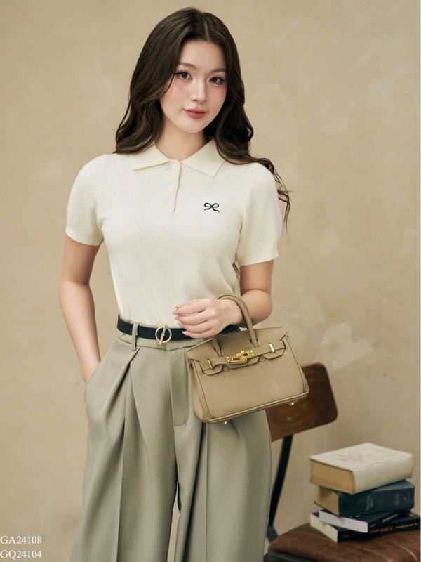 TIINSTORE Áo len nữ cộc tay dáng polo phối cúc thêu nơ phong cách hàn quốc basic freesize GA24108