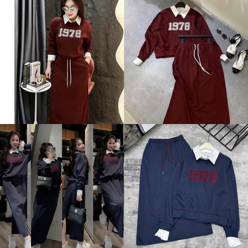 xả kho Set Váy Mì Nỉ 1978 Cổ Sơ Mi Chân Váy Midi Dài Năng Động 2 Màu by Hiếu Phát Nữ Women Nhung