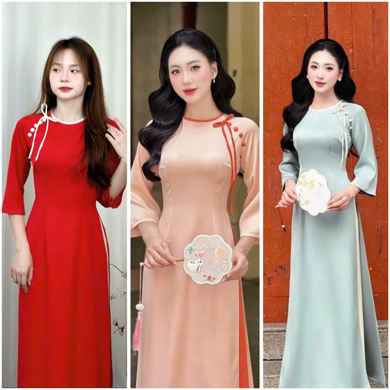 Áo dài truyền thống lụa tây thi AN VY cổ tròn tay lỡ loe né cổ kèm nơ