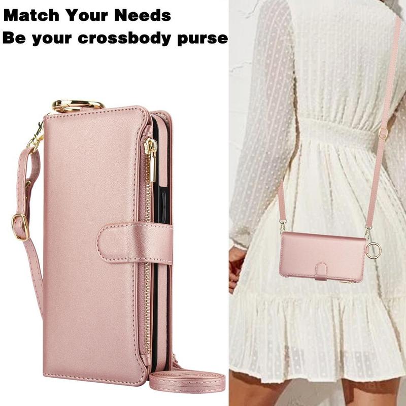 PU Leather Phone Case with Card Slots, 1 Count Zipper Wallet Design Phone Case with Finger Ring Buckle, Phone Accessories for Samsung Galaxy 3