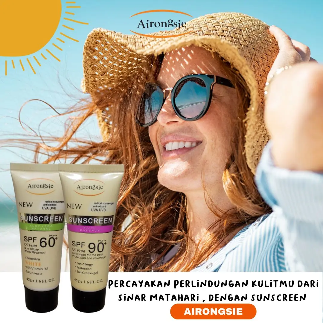 Sunscreen SPF90+ AIRONGSIE  Sunscreen SPF90+ SPF60+ UV sunblock Pemutih Anti Penuaan  Wajah pink Liquid Losion