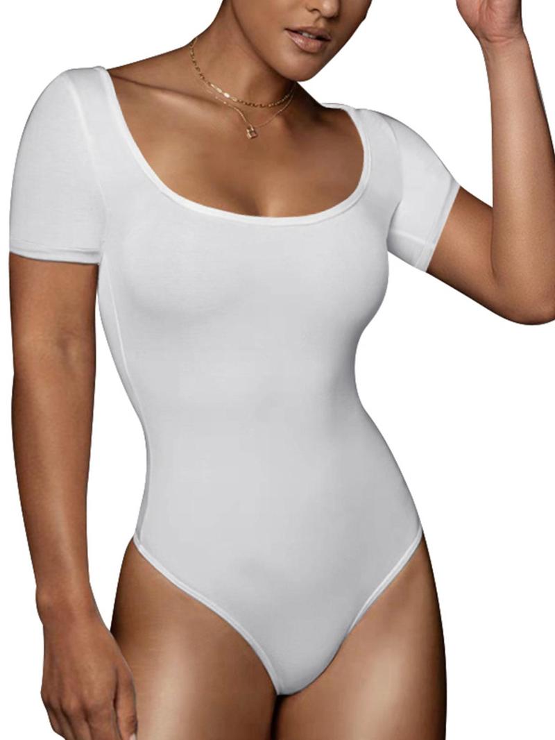 Product Introduction of Women's Solid   Bodysuit, Casual Comfy Short Sleeve Bodysuit for Summer, Ladies Clothes for Daily Wear 7