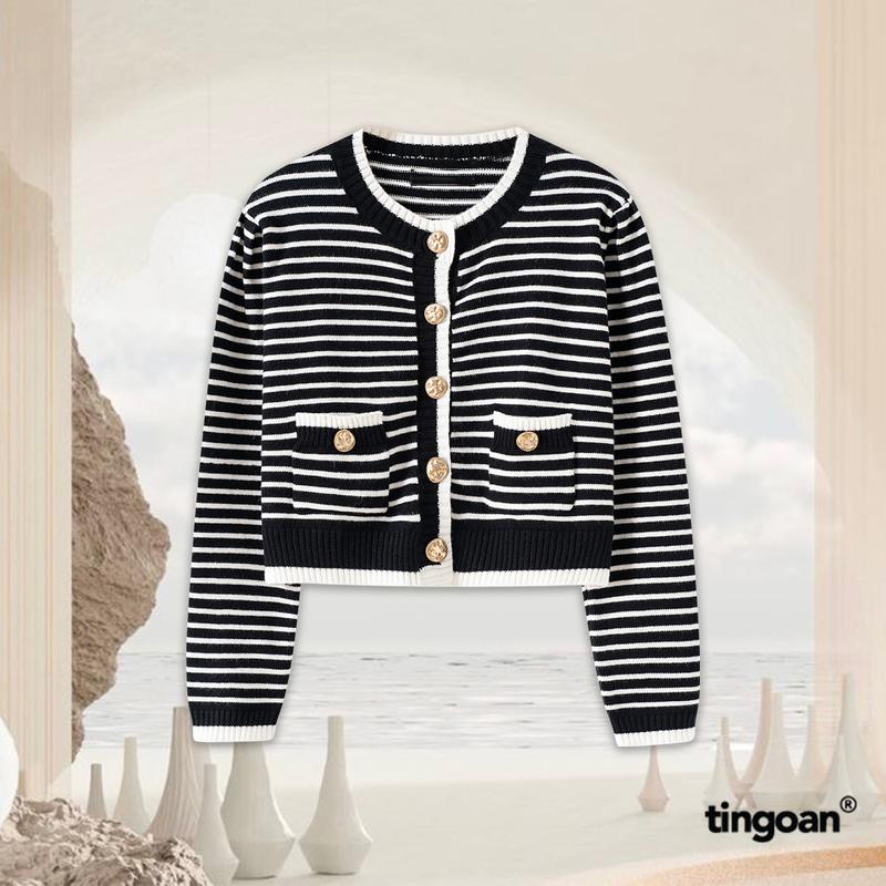 TINGOAN - Áo set len xù cardigan lửng tặng kèm quây 2 dây kẻ ngang nhỏ đen vai bồng tingoan CAPPUCCINO CARDIGAN BL