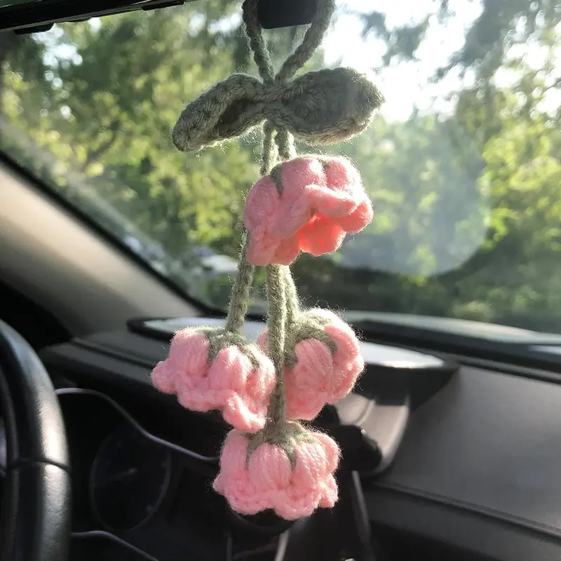 Woven Orchid Car Interior Ornament, Car Rear View Mirror Decoration, Car Interior Flower Pendant, Car Decoration Accessories for Women as Gifts 3