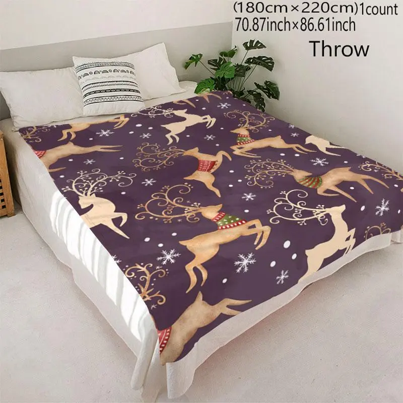Elk & Snowflake Pattern Blanket, 1 Count Christmas Soft Air-conditioned Room Throw, Warm Nap Blanket for Home Office Travel Camping 4